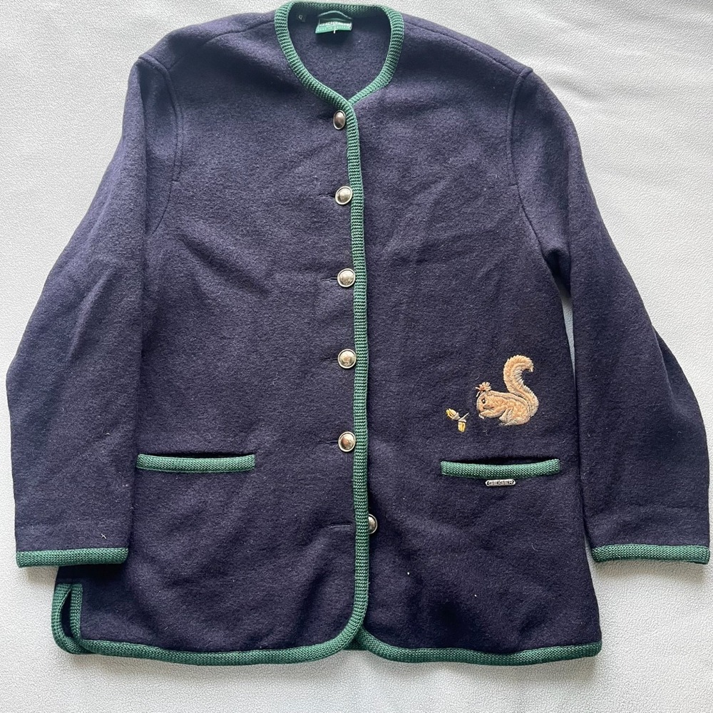 Vtg Geiger Jacket Womens 42 Med Austrian Wool Coin Long‎ Cardigan Sweater